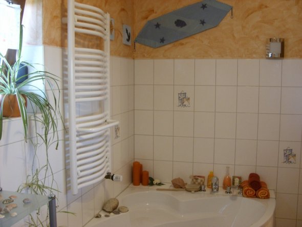 Bad-Ausschnitt mit Badewanne und Handtuchwärmer bzw. der Wärmer ist gleichzeitig der Wärmespender des Raumes !
